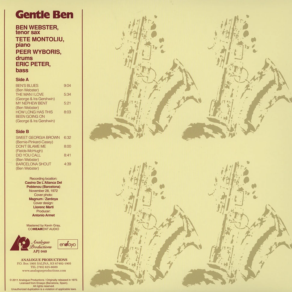 Ben Webster & Tete Montoliu Trio - Gentle Ben