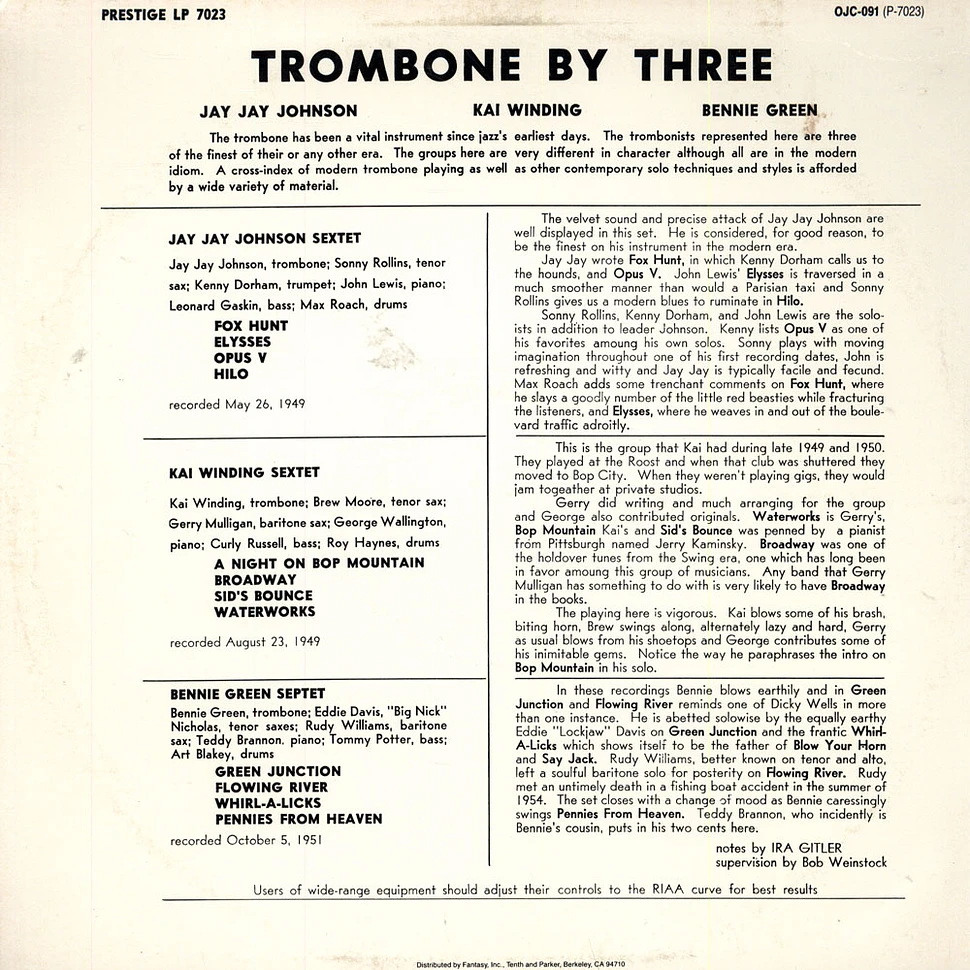 J.J. Johnson / Kai Winding / Benny Green - Trombone By Three