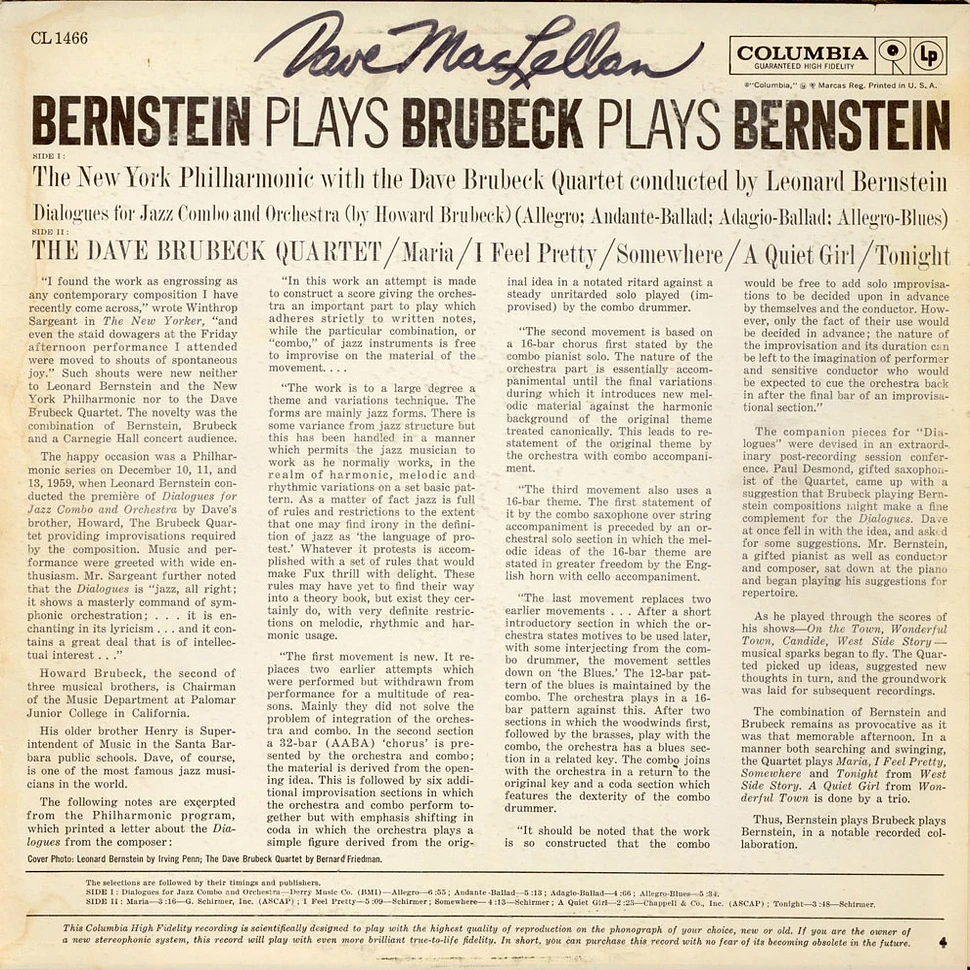 The New York Philharmonic Orchestra With The Dave Brubeck Quartet Conducted By Leonard Bernstein - Bernstein Plays Brubeck Plays Bernstein