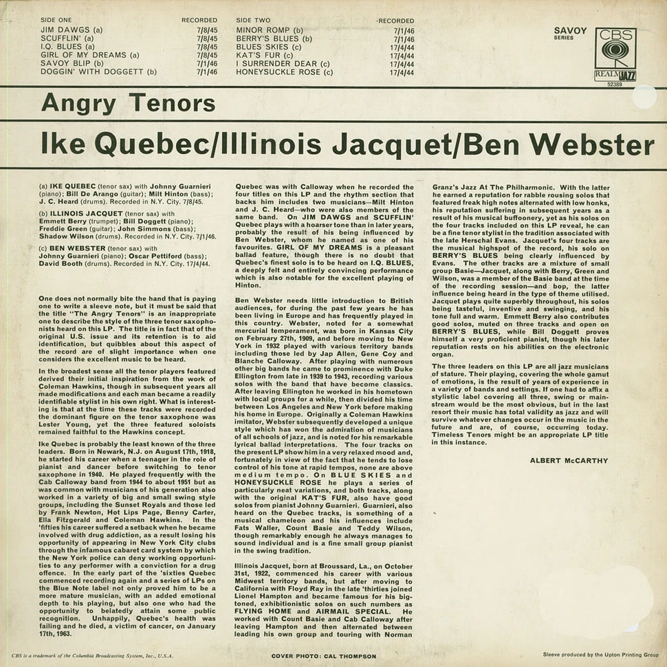 Ben Webster, Illinois Jacquet, Ike Quebec - Angry Tenors