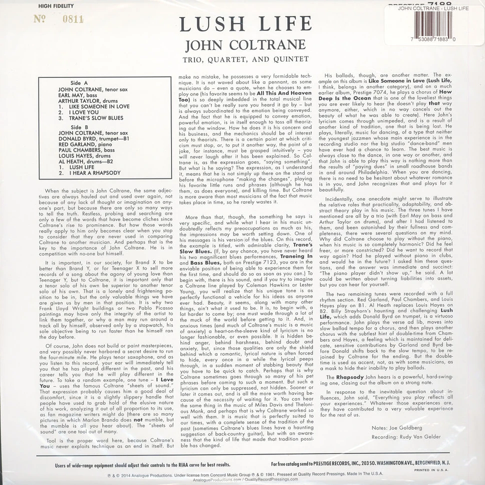 John Coltrane - Lush Life 200g Vinyl Edition