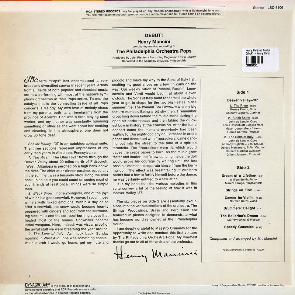 Henry Mancini Conducting The First Recording Of Philadelphia Orchestra, The - Debut! - Henry Mancini Conducting The First Recording Of The Philadelphia Orchestra Pops