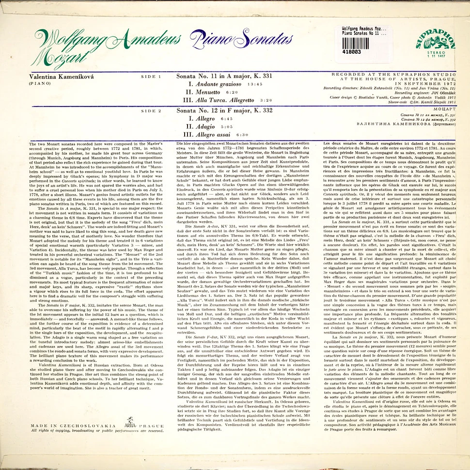Wolfgang Amadeus Mozart, Valentina Kameníková - Piano Sonatas (No. 11 In A Major / No. 12 In F Major)