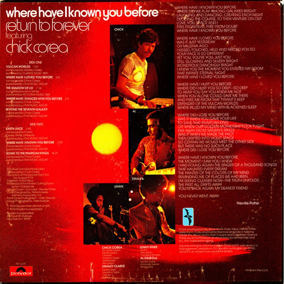 Return To Forever Featuring Chick Corea - Where Have I Known You Before