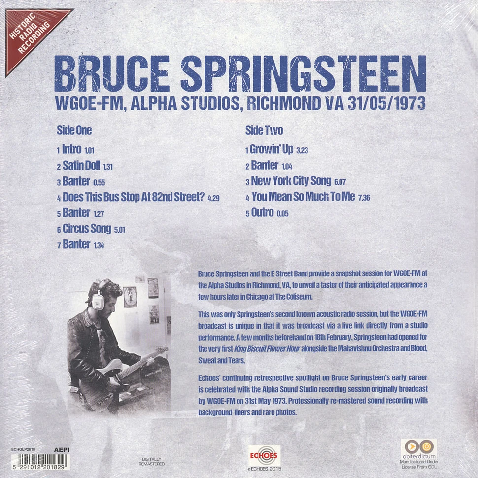 Bruce Springsteen - WGOE Radio, Alpha Studios Richmomd VA, 31st May 1973