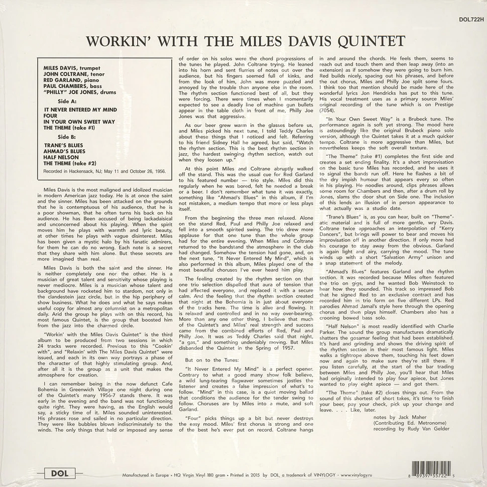 Miles Davis - Workin' With The Miles Davis Quintet 180g Vinyl Edition