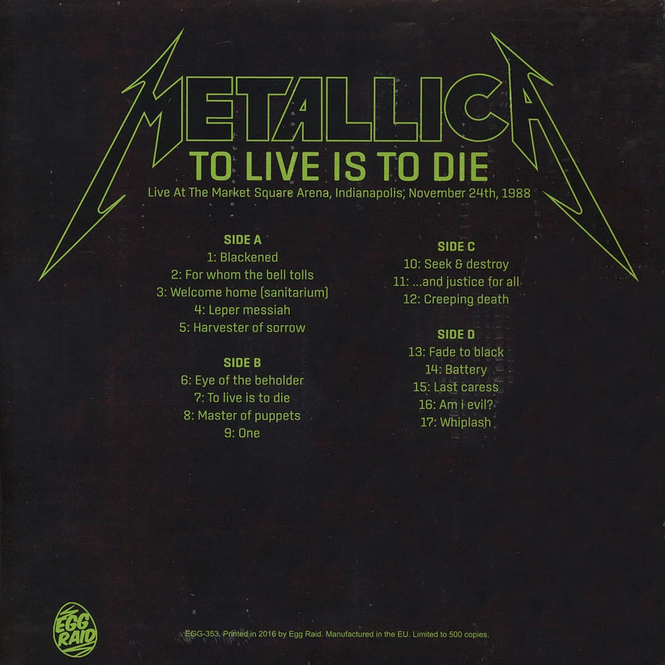 Metallica - To Live Is To Die: Live At The Market Square Arena, Indianapolis, November 24Th