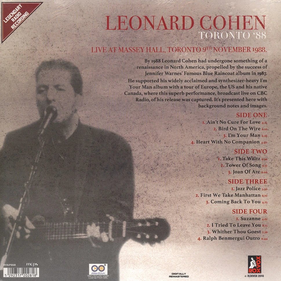 Leonard Cohen - Toronto ‘88 Black Vinyl Edition