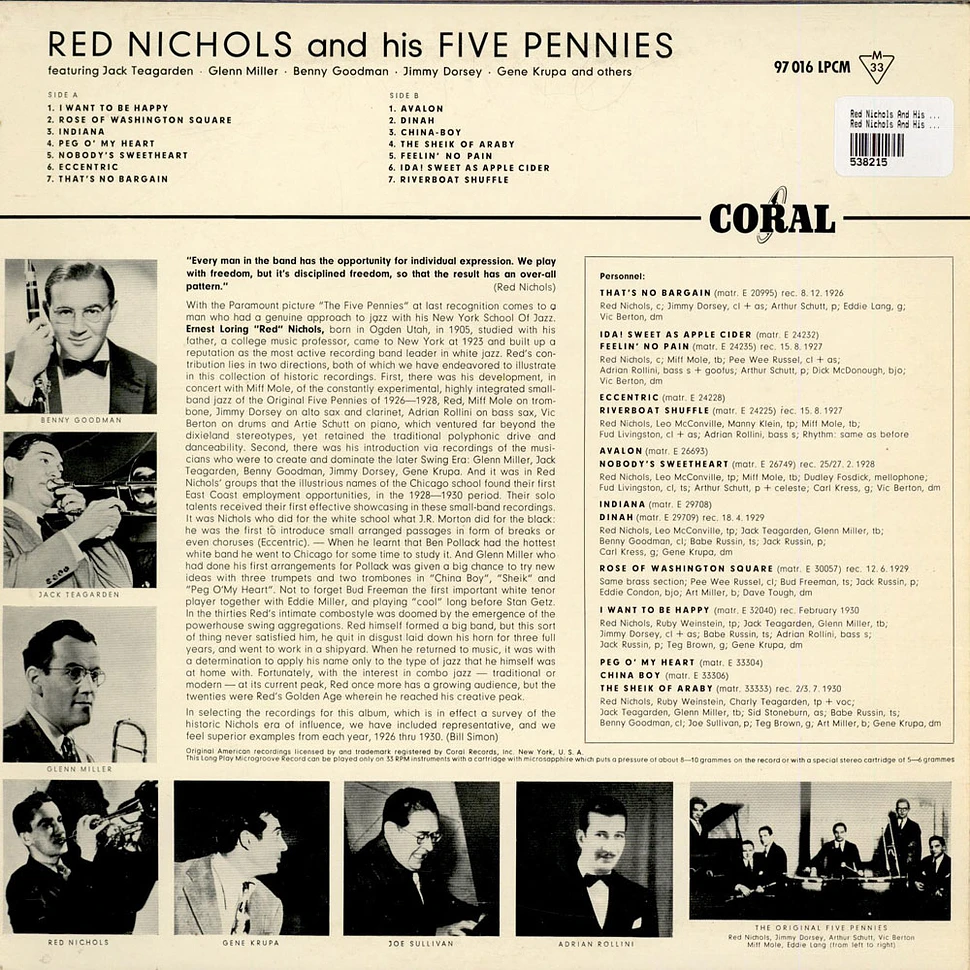 Red Nichols And His Five Pennies Featuring: Benny Goodman • Glenn Miller • Gene Krupa • Jack Teagarden • Eddie Lang • Adrian Rollini • Miff Mole • Jimmy Dorsey • Bud Freeman • Joe Sullivan, Carl Kress - The Red Nichols And His Five Pennies