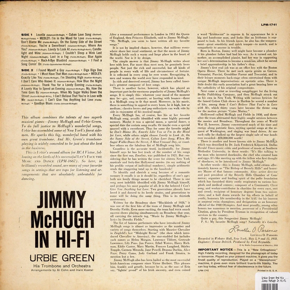 Urbie Green And His Orchestra - Jimmy McHugh In Hi-Fi
