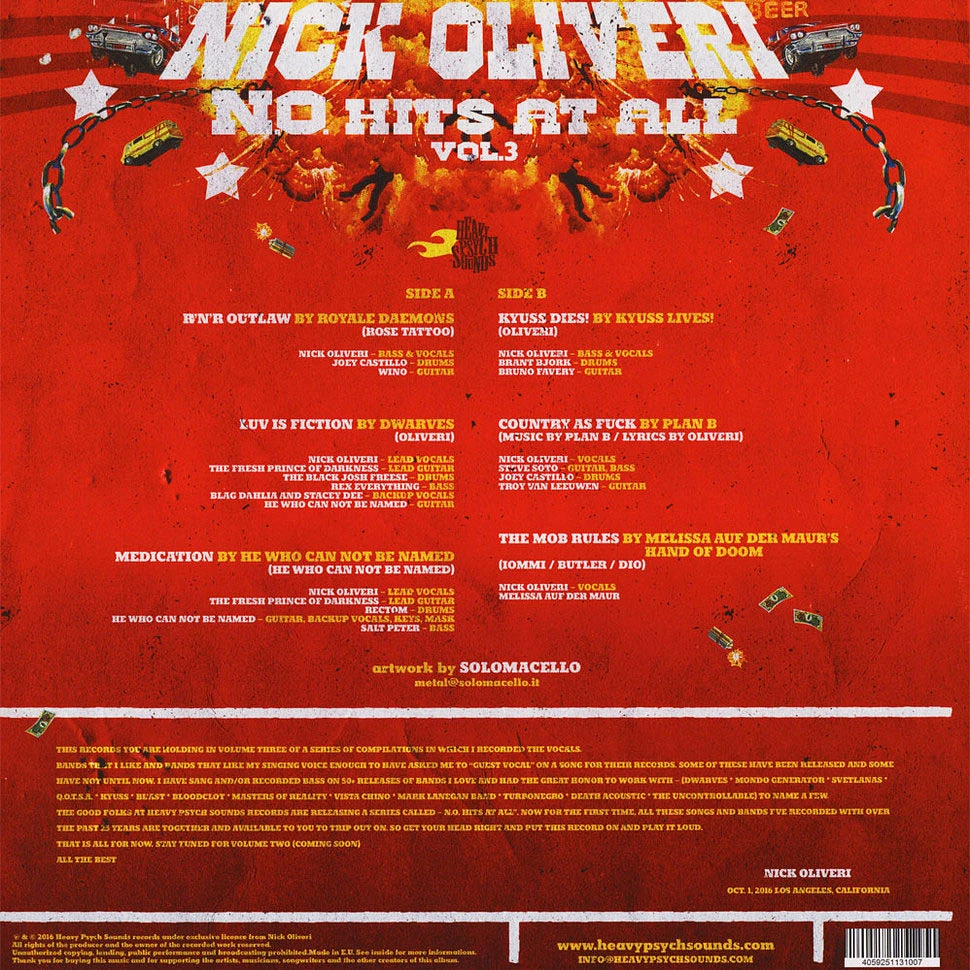 Nick Oliveri - N.O. Hits At All Volume 3 Colored Vinyl Edition