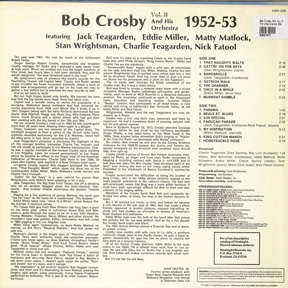 Bob Crosby And His Orchestra - The Uncollected Bob Crosby And His Orchestra Vol. 2 1952-1953