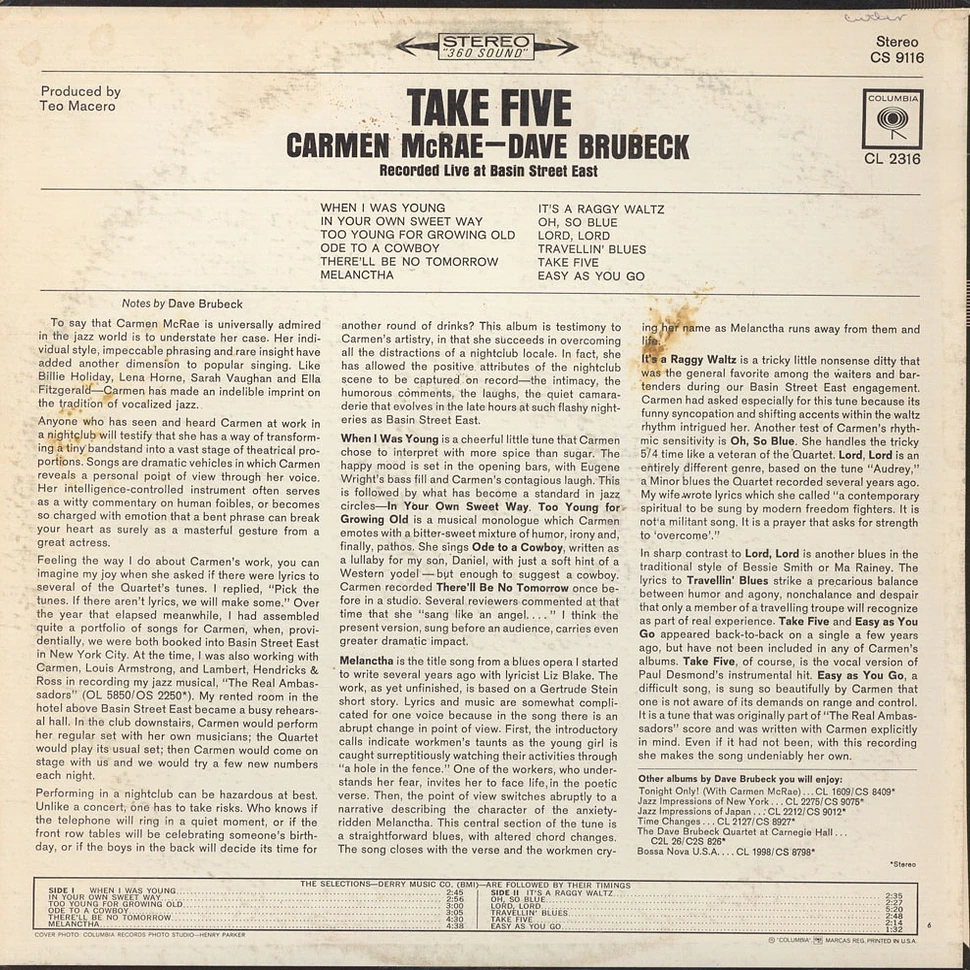 Carmen McRae - Dave Brubeck - Take Five (Recorded Live At Basin Street East)