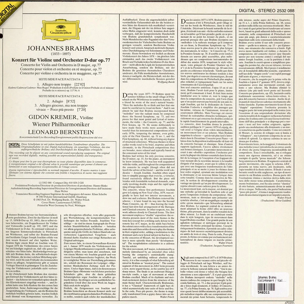 Johannes Brahms - Wiener Philharmoniker, Gidon Kremer · Leonard Bernstein - Violinkonzert = Violin Concerto
