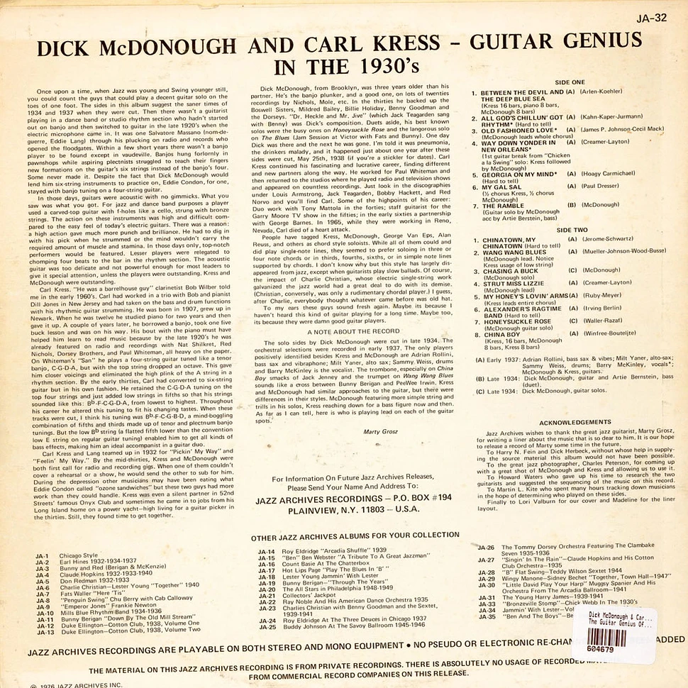 Dick McDonough & Carl Kress - The Guitar Genius Of Dick McDonough & Carl Kress In The Thirties