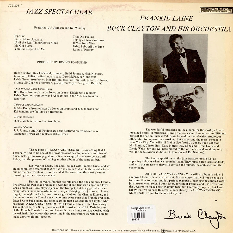 Frankie Laine And Buck Clayton And His Orchestra Featuring J.J. Johnson And Kai Winding - Jazz Spectacular