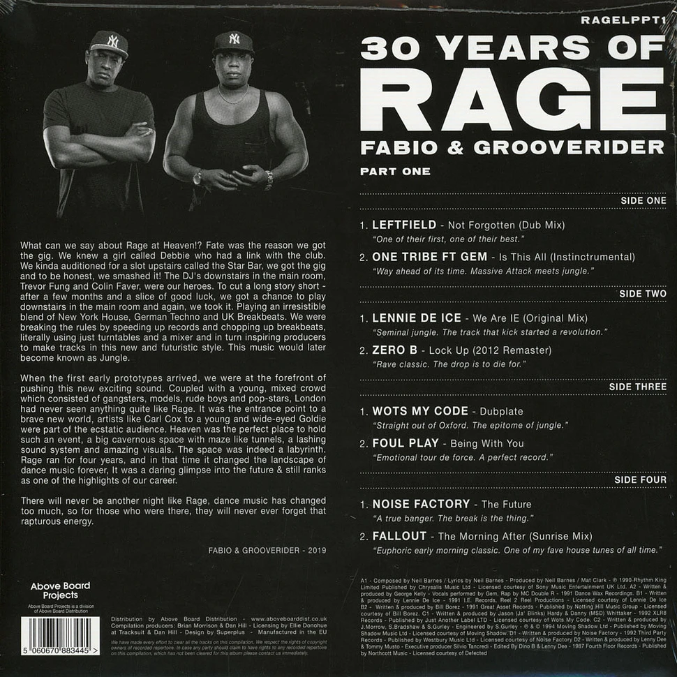 Fabio & Grooverider - 30 Years Of Rage Part 1 Clear Vinyl Edition