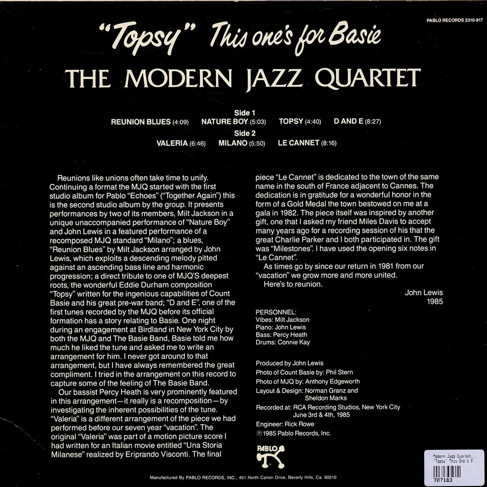 The Modern Jazz Quartet - "Topsy" This One's For Basie