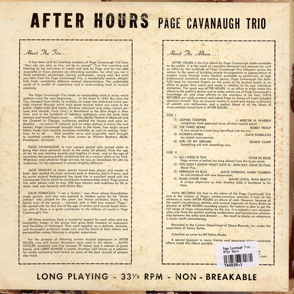 The Page Cavanaugh Trio - After Hours