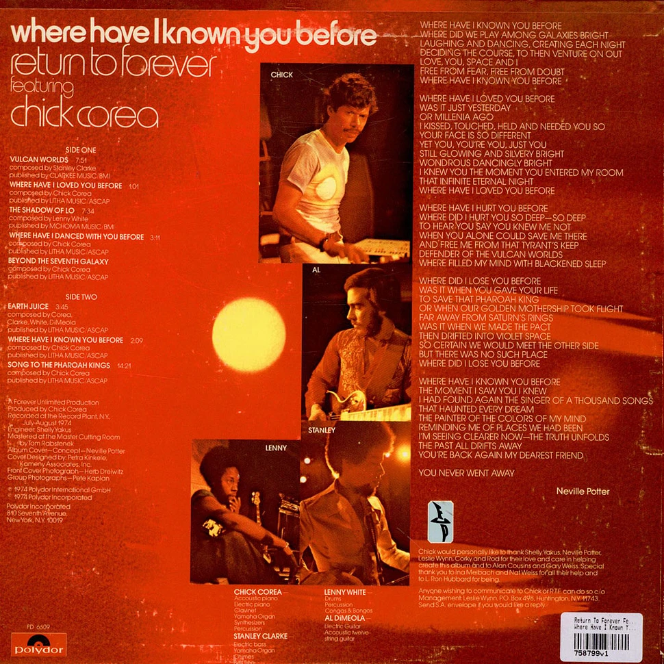 Return To Forever Featuring Chick Corea - Where Have I Known You Before