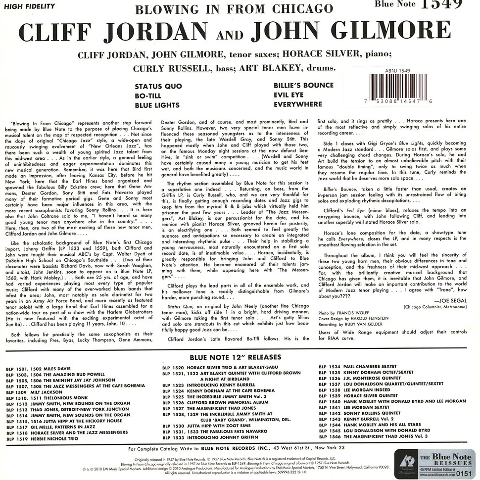 Cliff Jordan & John Gilmore - Blowing In 45rpm, 200g Vinyl Edition