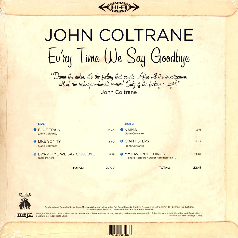 John Coltrane - Ev'ry Time We Say Goodbye Best Of Record Store Day 2022 Sky Blue Vinyl Edition