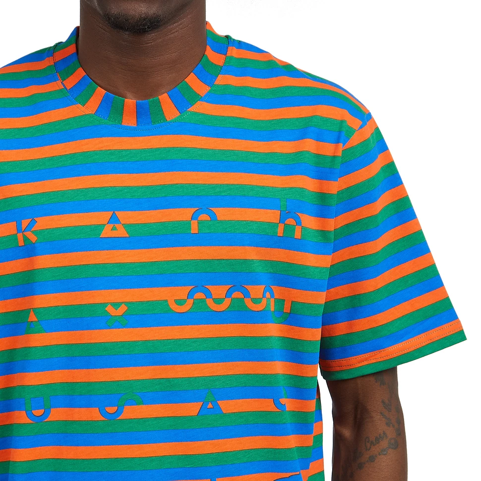 pink yellow blue striped shirt