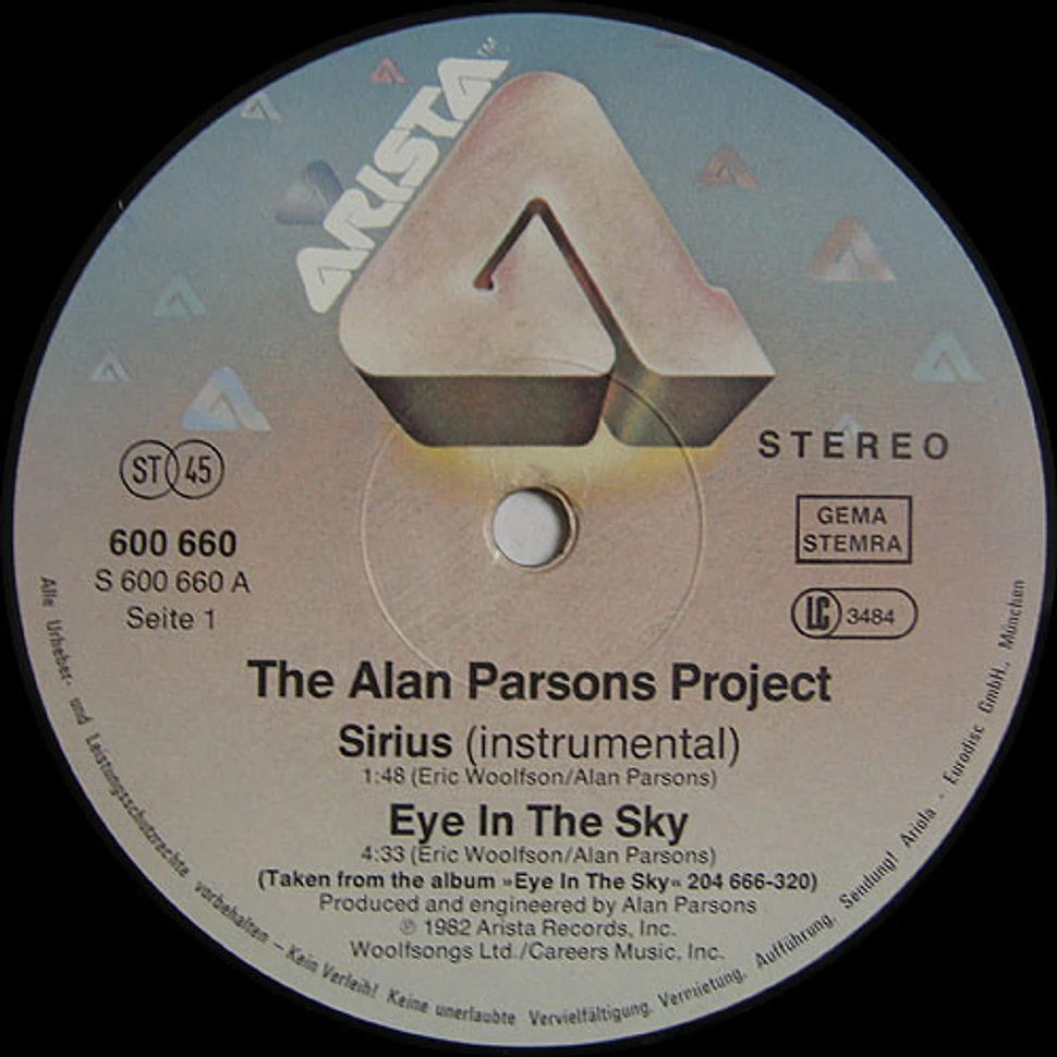 The Alan Parsons Project Sirius Eye In The Sky / Mammagamma Vinyl 12" 1982 DE