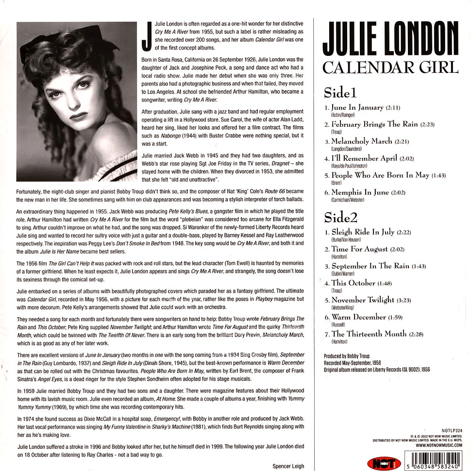 Julie London Calendar Girl Vinyl LP 2022 EU Original HHV