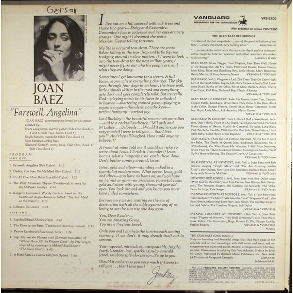 Joan Baez - Farewell, Angelina - Vinyl Lp - 1965 - Us - Original 