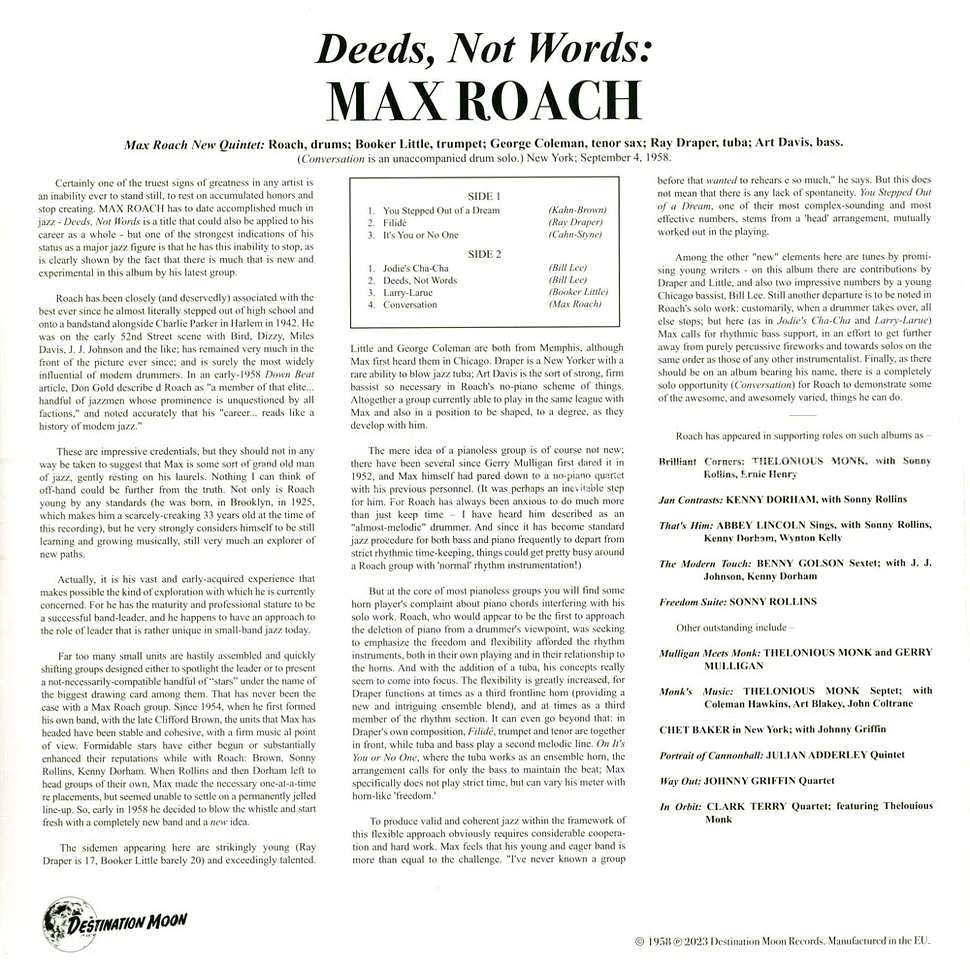 Max Roach - Deeds, Not Words Clear Vinyl Edtion