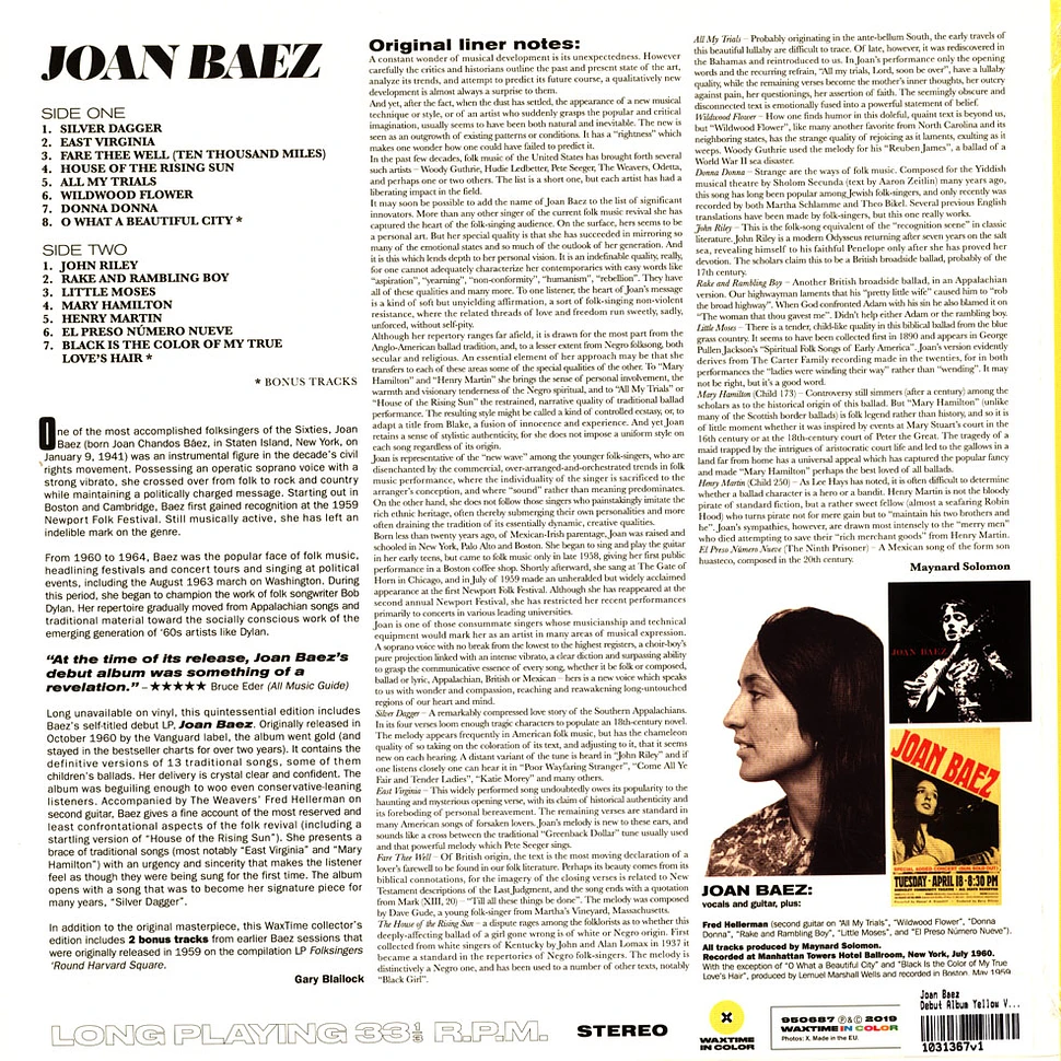 Joan Baez - Debut Album Yellow Vinyl Edition