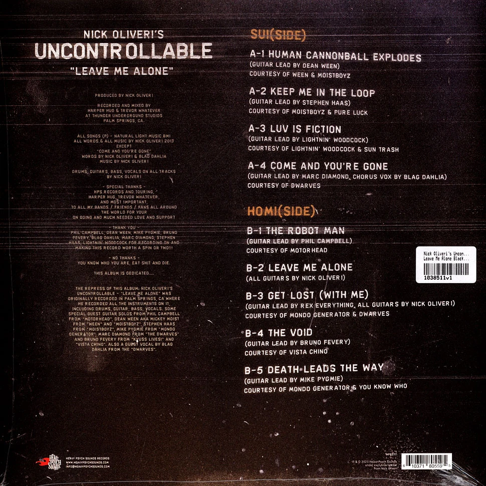 Nick Oliveri's Uncontrollable - Leave Me Alone Black Vinyl Edition