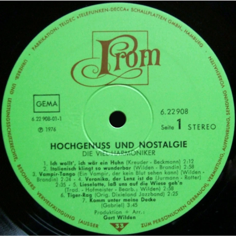 Die VielHarmoniker Hochgenuß Und Nostalgie Vinyl LP 1976 DE
