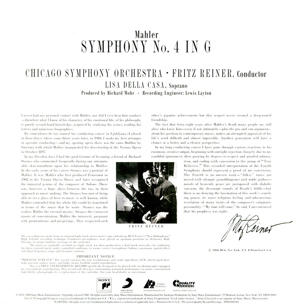 Fritz Reiner / Chicago Symphony - Mahler: Symphony No. 4/ Lisa Della Casa
