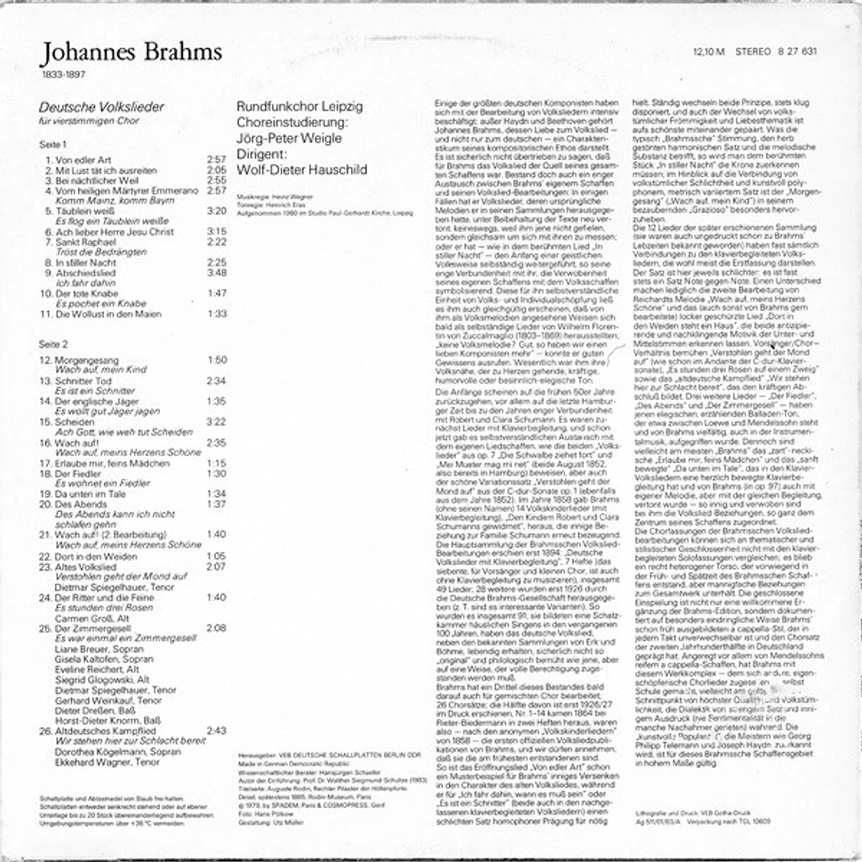 Johannes Brahms, Rundfunkchor Leipzig, Wolf-Dieter Hauschild - Deutsche Volkslieder