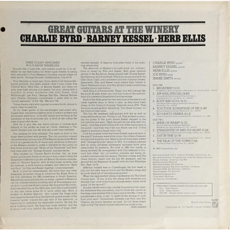 The Great Guitars, Charlie Byrd · Barney Kessel · Herb Ellis - Great Guitars At The Winery