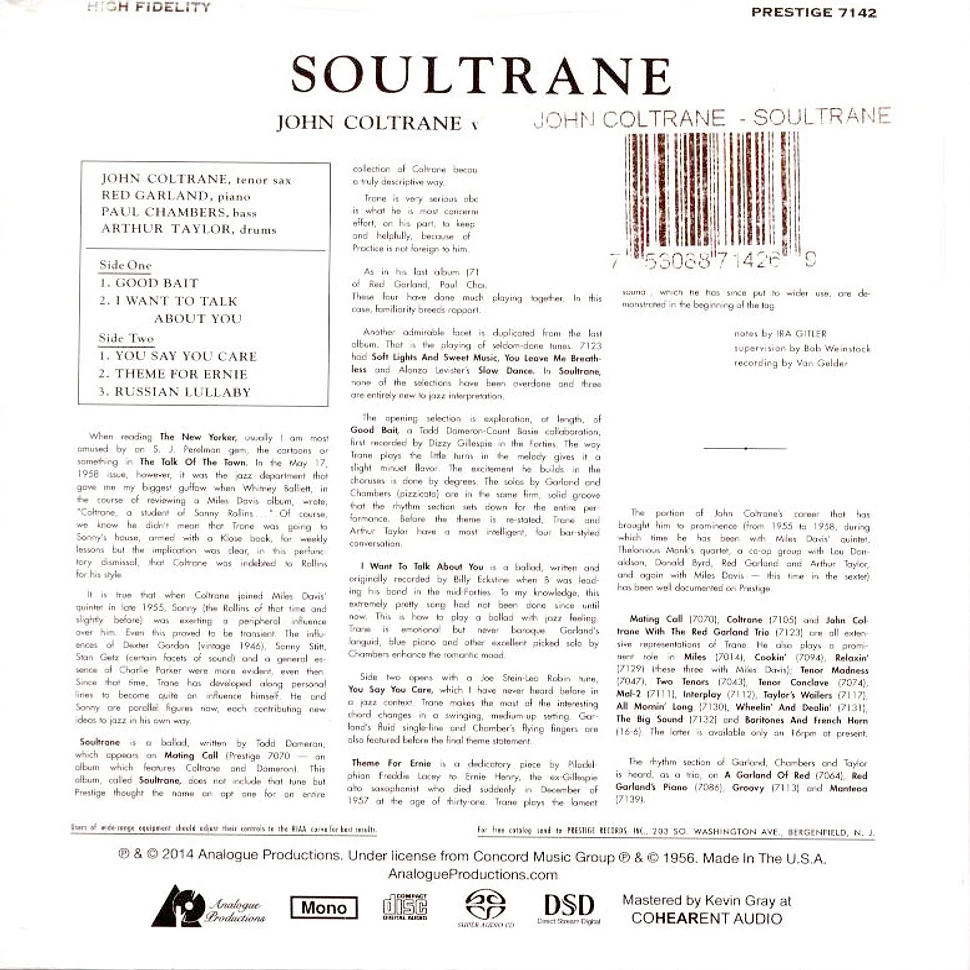 John Coltrane - Soultrane Hybrid Mono Sacd Mini "Old Style" Gatefold Jacket