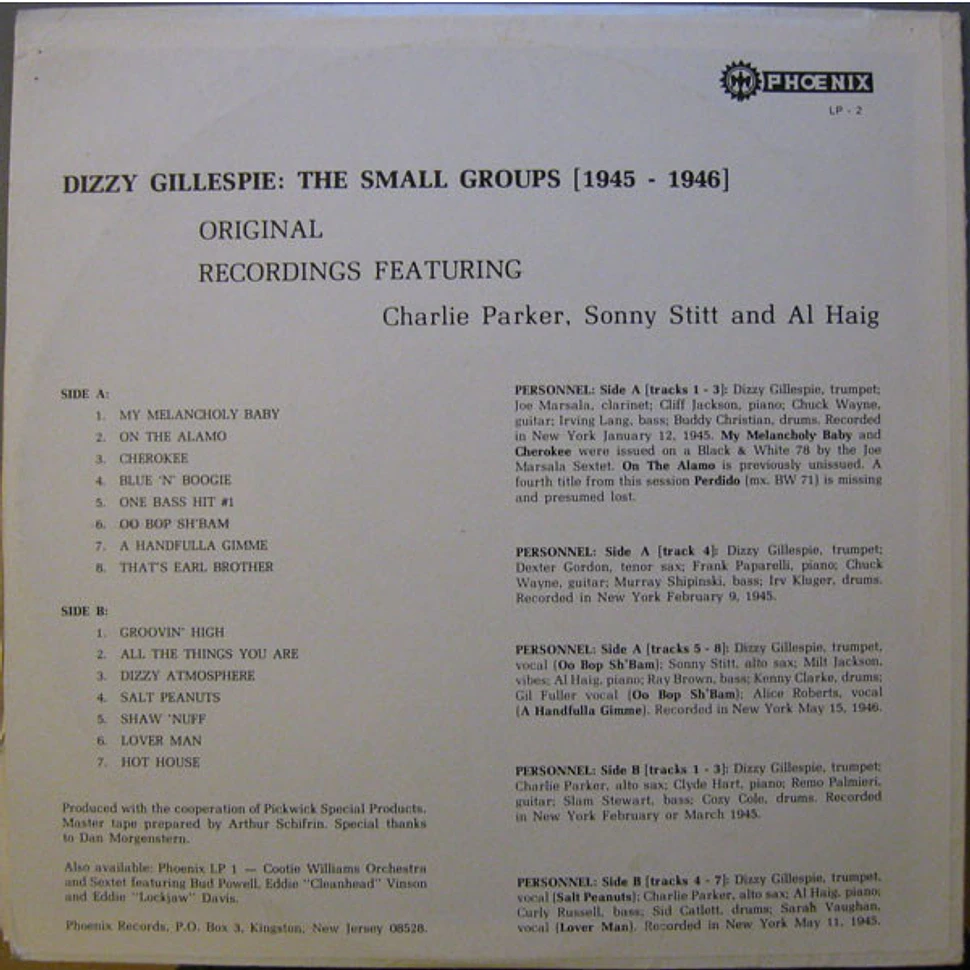 Dizzy Gillespie Featuring Charlie Parker with Sonny Stitt, Al Haig and Milt Jackson - The Small Groups 1945-1946 Original Recordings