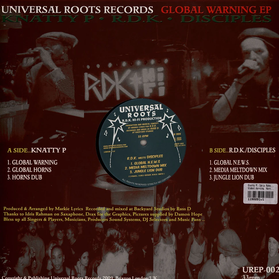 Knatty P, Idris Rahman, Disciples / Rdk Meets Disciples - Global Warning, Horns, Dub / Global News, Meltdown Mix, Jungle Lion Dub