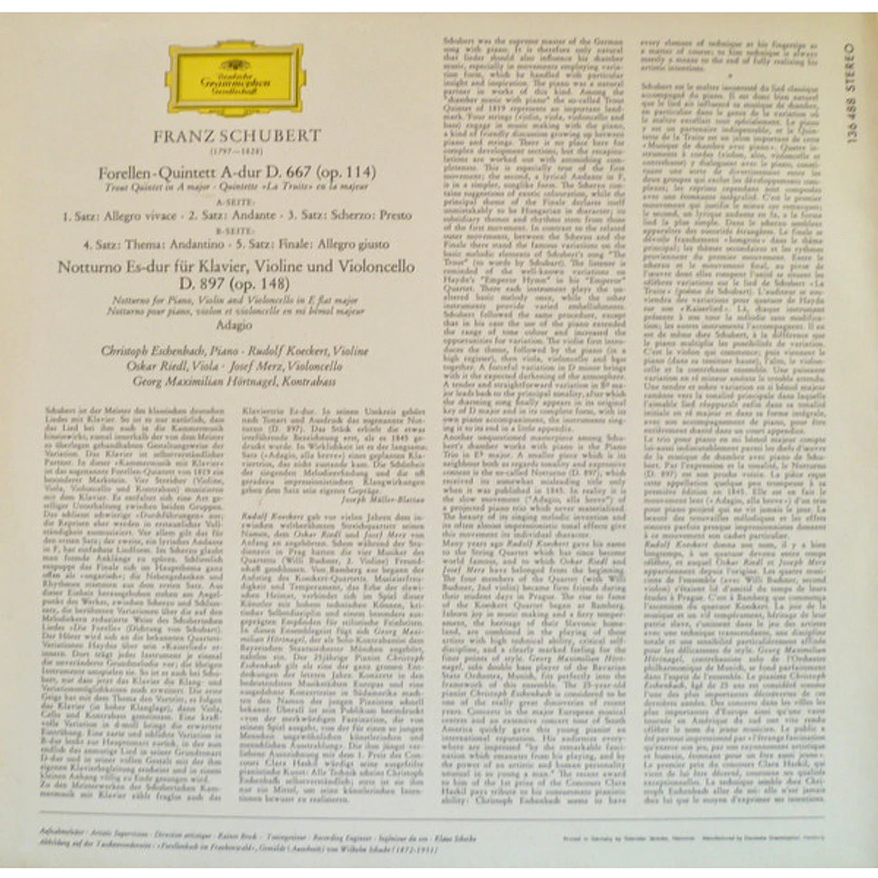 Franz Schubert / Christoph Eschenbach • Rudolf Koeckert • Oskar Riedl • Josef Merz • Georg Hörtnagel - Forellenquintett • Notturno