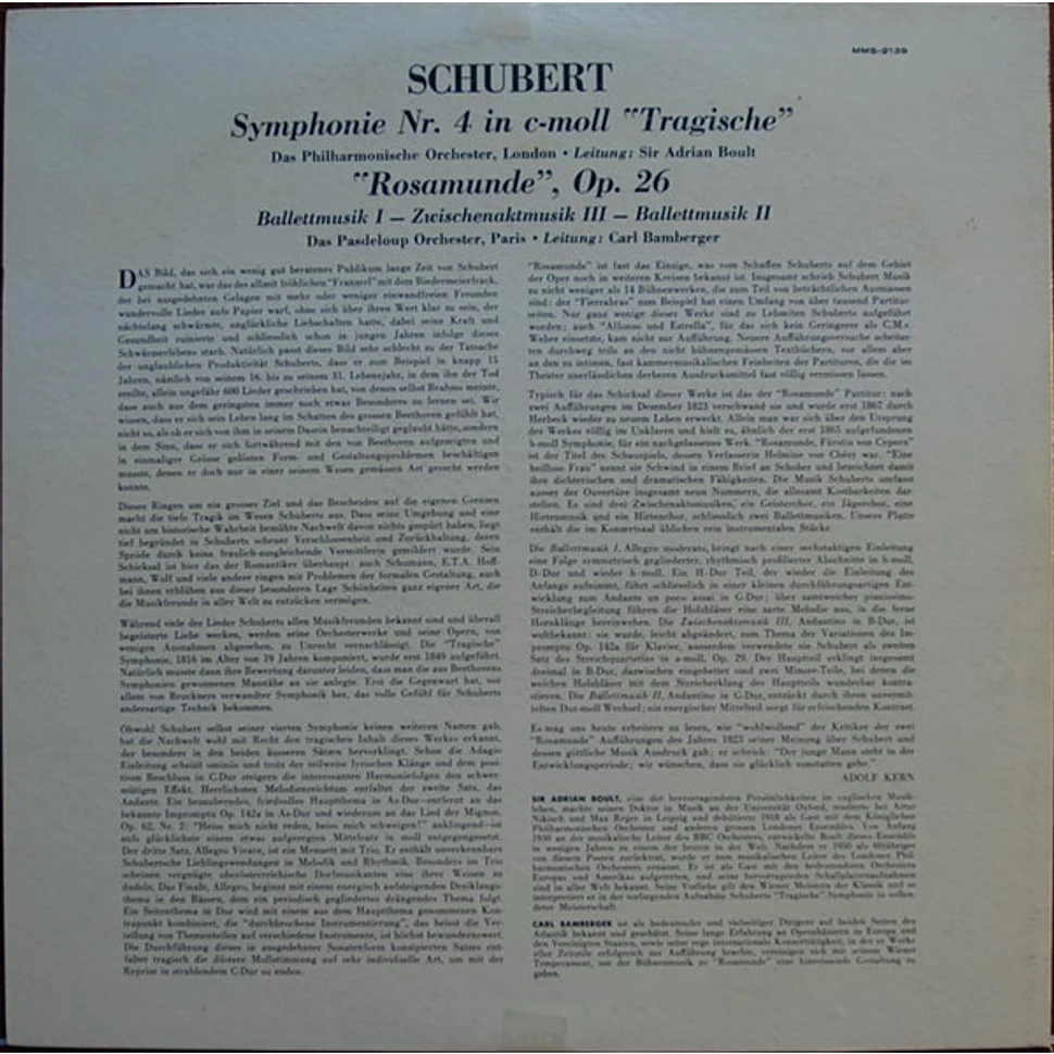 Franz Schubert, London Philharmonic Orchestra Leitung: Sir Adrian Boult, Orchestre De L'Association Des Concerts Pasdeloup Leitung: Carl Bamberger - Symphonie Nr. 4 In C-Moll "Tragische" / "Rosamunde"