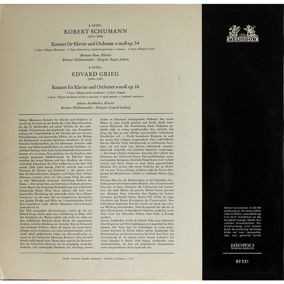 Robert Schumann / Edvard Grieg, Berliner Philharmoniker • Monique Haas • Adrian Aeschbacher • Eugen Jochum • Leopold Ludwig - Konzert Für Klavier Und Orchester A-moll Op. 54 / Konzert Für Klavier Und Orchester A-moll Op. 16
