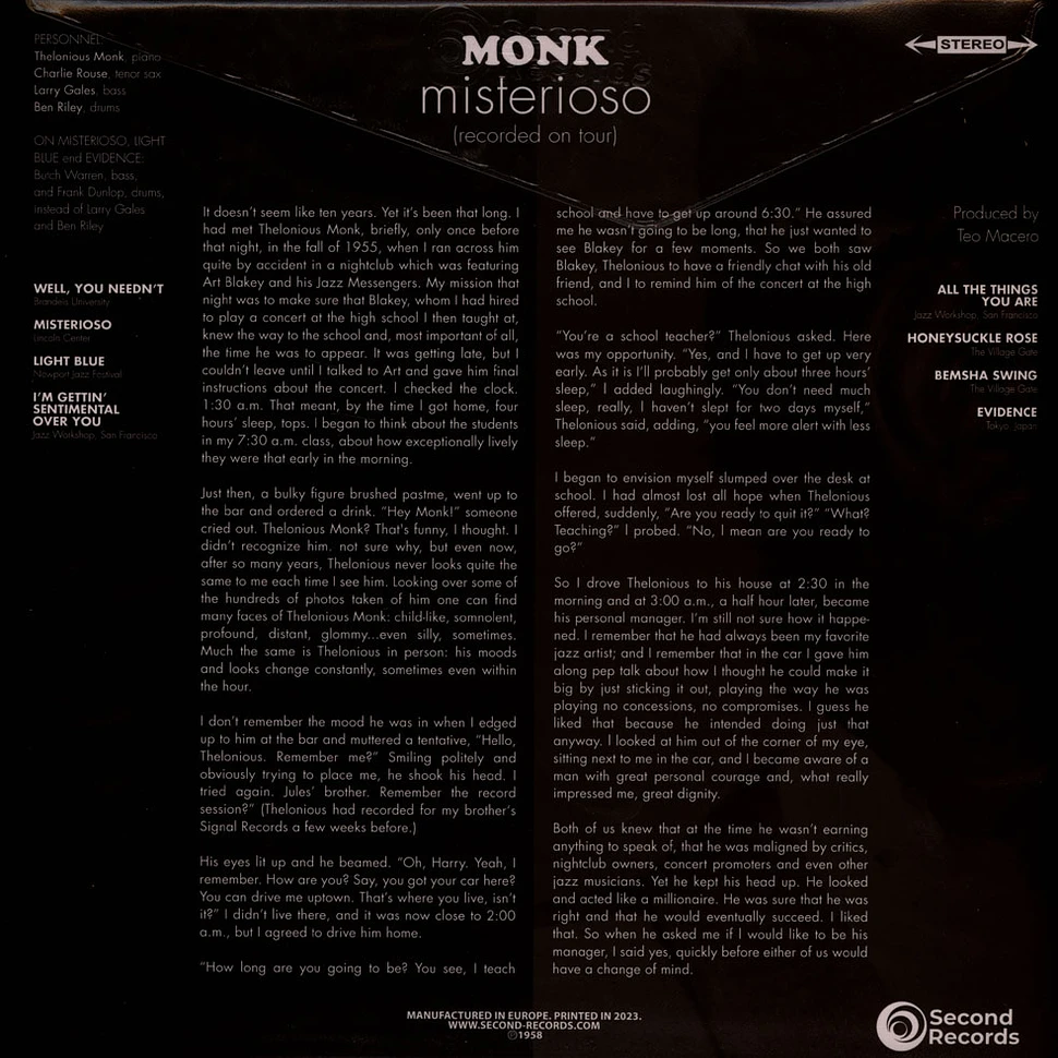 The Thelonious Monk Quartet - Misterioso Red Vinyl Edition