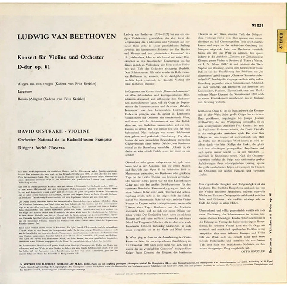 Ludwig van Beethoven, David Oistrach, Orchestre National De France, André Cluytens - Konzert Für Violine Und Orchester D-Dur Op. 61