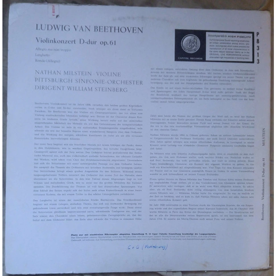 Ludwig Van Beethoven - Nathan Milstein, Pittsburgh Symphony Orchestra, William Steinberg - Concerto In D Major For Violin And Orchestra