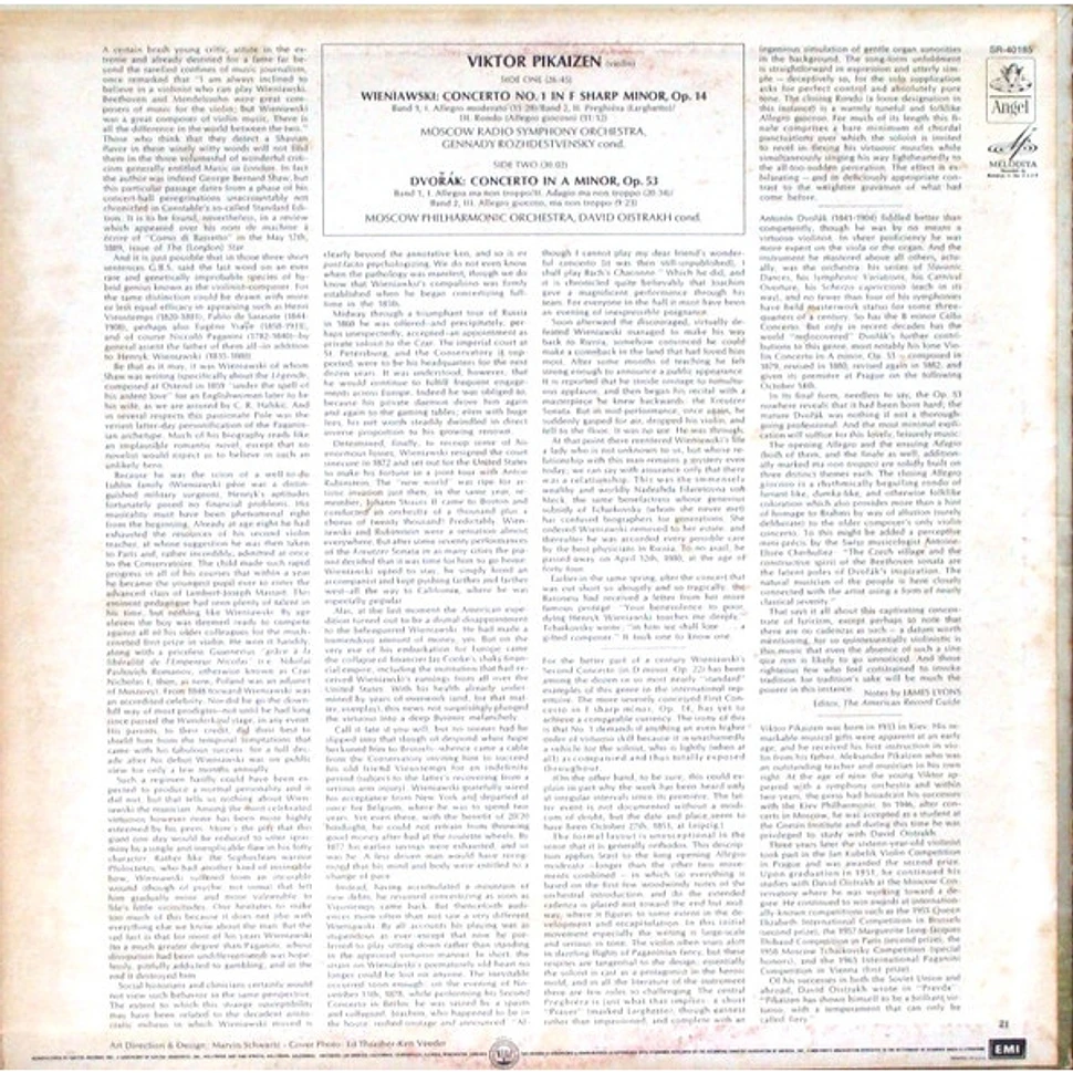 Viktor Pikaizen, Большой Симфонический Оркестр Всесоюзного Радио, Gennadi Rozhdestvensky, Moscow Philharmonic Orchestra, David Oistrach - Wieniawski: Concerto No. 1 In F Sharp Minor, Dvořák: Concerto In A Minor