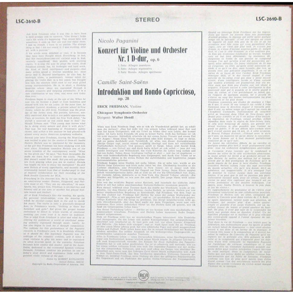 Erick Friedman - Niccolò Paganini - Camille Saint-Saëns - Chicago Symphony Orchestra / Walter Hendl - Paganini: Concerto No.1 In D/Saint-Saëns: Introduction And Rondo Capriccioso