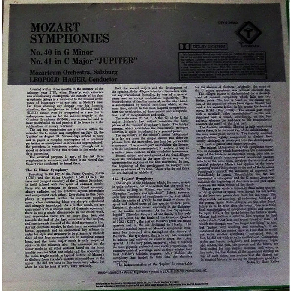 Wolfgang Amadeus Mozart, Das Mozarteum Orchester Salzburg, Leopold Hager - Symphonies No. 40 In G Minor / No. 41 In C Major "Jupiter"