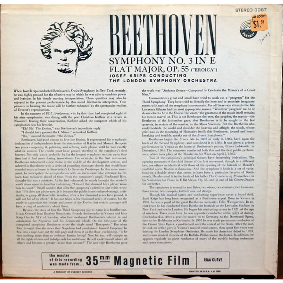 Ludwig van Beethoven, Josef Krips And London Symphony Orchestra - Symphony No.3 In E Flat Major Op.55 ("Eroica")